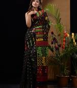Black Silk Cotton Handwoven Jamdani Saree With Multicolour Floral Designs And Motifs Without Blouse