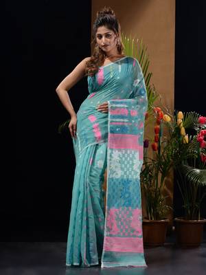 Sea Green Silk Cotton Handwoven Jamdani Saree With Multicolour Floral Designs And Motifs Without Blouse 1