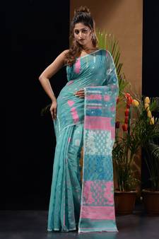 Sea Green Silk Cotton Handwoven Jamdani Saree With Multicolour Floral Designs And Motifs Without Blouse