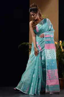 Sea Green Silk Cotton Handwoven Jamdani Saree With Multicolour Floral Designs And Motifs Without Blouse