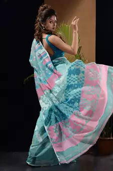 Sea Green Silk Cotton Handwoven Jamdani Saree With Multicolour Floral Designs And Motifs Without Blouse