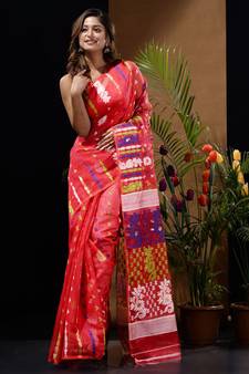 Red Silk Cotton Handwoven Jamdani Saree With Multicolour Floral Designs And Motifs Without Blouse