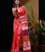 Red Silk Cotton Handwoven Jamdani Saree With Multicolour Floral Designs And Motifs Without Blouse