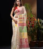 White Silk Cotton Handwoven Jamdani Saree With Multicolour Floral Designs And Motifs Without Blouse