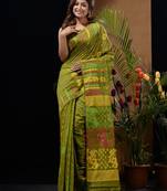 Sap Green Silk Cotton Handwoven Jamdani Saree With Multicolour Floral Designs And Motifs Without Blouse