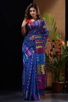 Blue Silk Cotton Handwoven Jamdani Saree With Multicolour Floral Designs And Motifs Without Blouse