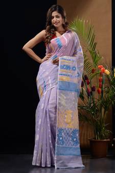 Lilac Silk Cotton Handwoven Jamdani Saree With Multicolour Floral Designs And Motifs Without Blouse