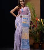 Lilac Silk Cotton Handwoven Jamdani Saree With Multicolour Floral Designs And Motifs Without Blouse