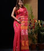 Hot Pink Silk Cotton Handwoven Jamdani Saree With Multicolour Floral Designs And Motifs Without Blouse