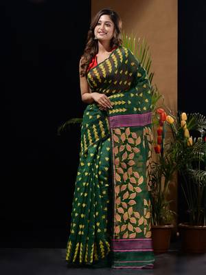 Green Silk Cotton Handwoven Jamdani Saree With Geometric Designs And Foliage Patterns Without Blouse 1
