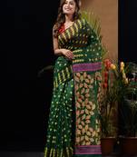 Green Silk Cotton Handwoven Jamdani Saree With Geometric Designs And Foliage Patterns Without Blouse