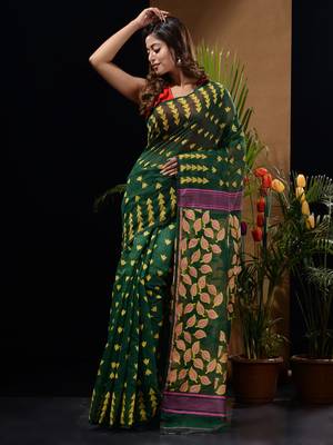 Green Silk Cotton Handwoven Jamdani Saree With Geometric Designs And Foliage Patterns Without Blouse 2