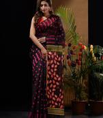 Black Silk Cotton Handwoven Jamdani Saree With Geometric Designs And Foliage Patterns Without Blouse