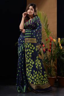 Midnight Blue Silk Cotton Handwoven Jamdani Saree With Geometric Designs And Foliage Patterns Without Blouse
