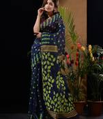 Midnight Blue Silk Cotton Handwoven Jamdani Saree With Geometric Designs And Foliage Patterns Without Blouse