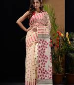 Off White Silk Cotton Handwoven Jamdani Saree With Geometric Designs And Foliage Patterns Without Blouse