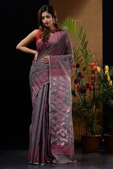 Grey Silk Cotton Handwoven Jamdani Saree With Geometric Designs And Foliage Patterns Without Blouse