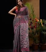 Grey Silk Cotton Handwoven Jamdani Saree With Geometric Designs And Foliage Patterns Without Blouse