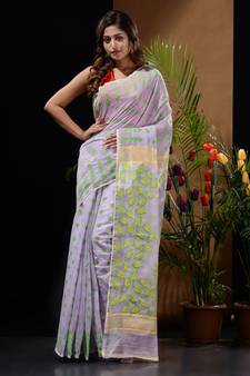 Mauve Silk Cotton Handwoven Jamdani Saree With Geometric Designs And Foliage Patterns Without Blouse
