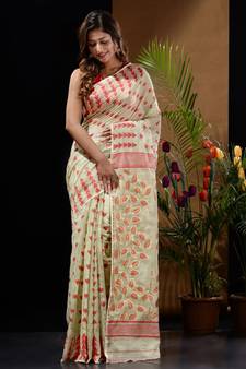 Pistachio Green Silk Cotton Handwoven Jamdani Saree With Geometric Designs And Foliage Patterns Without Blouse