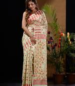 Pistachio Green Silk Cotton Handwoven Jamdani Saree With Geometric Designs And Foliage Patterns Without Blouse