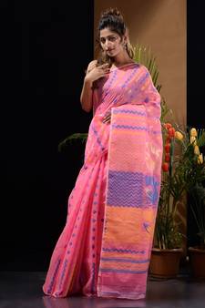 Pink Silk Cotton Handwoven Jamdani Saree With Chevron Patterns And Bird Motifs Without Blouse
