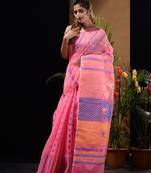 Pink Silk Cotton Handwoven Jamdani Saree With Chevron Patterns And Bird Motifs Without Blouse