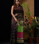 Black Silk Cotton Handwoven Jamdani Saree With Chevron Patterns And Bird Motifs Without Blouse