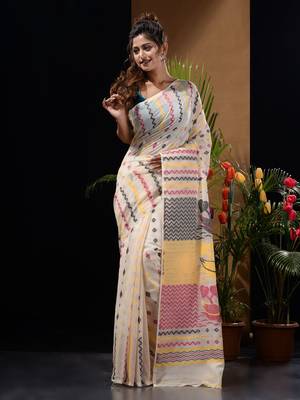Off White Silk Cotton Handwoven Jamdani Saree With Chevron Patterns And Bird Motifs Without Blouse 1