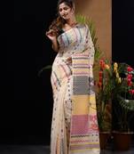 Off White Silk Cotton Handwoven Jamdani Saree With Chevron Patterns And Bird Motifs Without Blouse