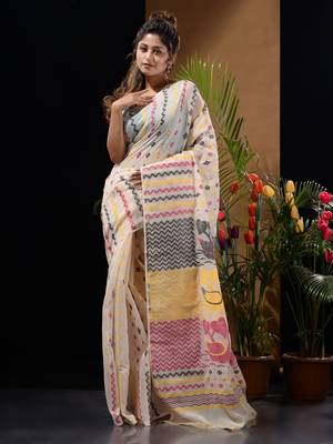 Off White Silk Cotton Handwoven Jamdani Saree With Chevron Patterns And Bird Motifs Without Blouse 2
