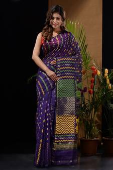 Midnight Blue Silk Cotton Handwoven Jamdani Saree With Chevron Patterns And Bird Motifs Without Blouse