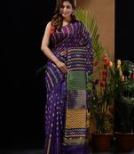 Midnight Blue Silk Cotton Handwoven Jamdani Saree With Chevron Patterns And Bird Motifs Without Blouse