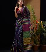 Grape Violet Silk Cotton Handwoven Jamdani Saree With Chevron Patterns And Bird Motifs Without Blouse