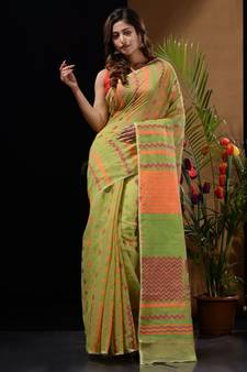 Sap Green Silk Cotton Handwoven Jamdani Saree With Chevron Patterns And Bird Motifs Without Blouse