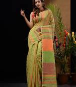 Sap Green Silk Cotton Handwoven Jamdani Saree With Chevron Patterns And Bird Motifs Without Blouse