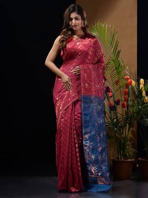 Fuchsia And Sapphire Blue Blue Silk Cotton Handwoven Jamdani Saree With Zari Woven Designs And Patterns 1