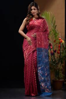 Fuchsia And Sapphire Blue Blue Silk Cotton Handwoven Jamdani Saree With Zari Woven Designs And Patterns