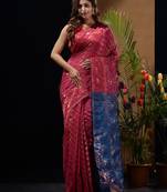 Fuchsia And Sapphire Blue Blue Silk Cotton Handwoven Jamdani Saree With Zari Woven Designs And Patterns