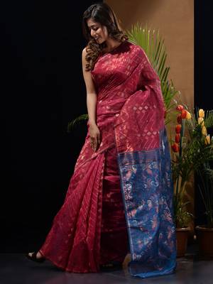 Fuchsia And Sapphire Blue Blue Silk Cotton Handwoven Jamdani Saree With Zari Woven Designs And Patterns 3