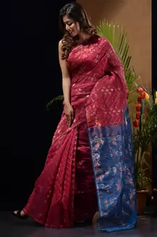 Fuchsia And Sapphire Blue Blue Silk Cotton Handwoven Jamdani Saree With Zari Woven Designs And Patterns