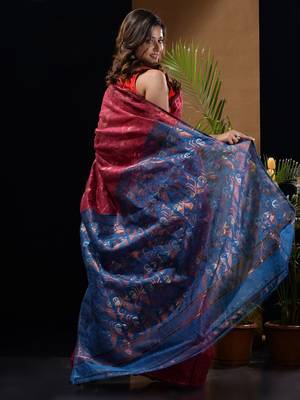 Fuchsia And Sapphire Blue Blue Silk Cotton Handwoven Jamdani Saree With Zari Woven Designs And Patterns 4