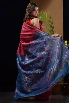 Fuchsia And Sapphire Blue Blue Silk Cotton Handwoven Jamdani Saree With Zari Woven Designs And Patterns