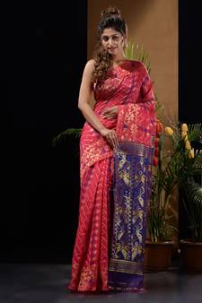 Hot Pink And Violet Silk Cotton Handwoven Jamdani Saree With Zari Woven Designs And Patterns