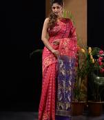 Hot Pink And Violet Silk Cotton Handwoven Jamdani Saree With Zari Woven Designs And Patterns