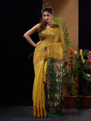 Mustard And Green Silk Cotton Handwoven Jamdani Saree With Zari Woven Designs And Patterns 1