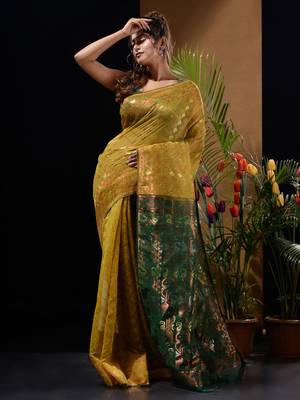 Mustard And Green Silk Cotton Handwoven Jamdani Saree With Zari Woven Designs And Patterns 2