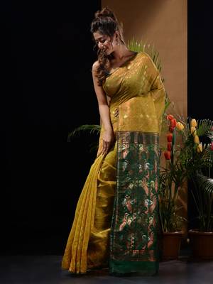 Mustard And Green Silk Cotton Handwoven Jamdani Saree With Zari Woven Designs And Patterns 3