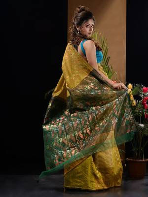 Mustard And Green Silk Cotton Handwoven Jamdani Saree With Zari Woven Designs And Patterns 4