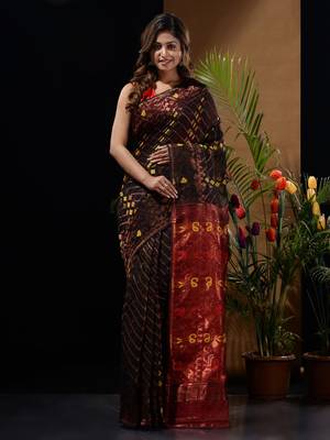 Black And Red Silk Cotton Handwoven Jamdani Saree With Zari Woven Designs And Patterns 1
